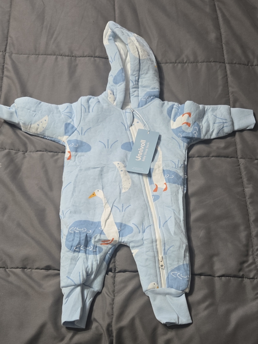 Light Blue Uunival Goose Print Hooded Baby One-Piece 0/3 Mos